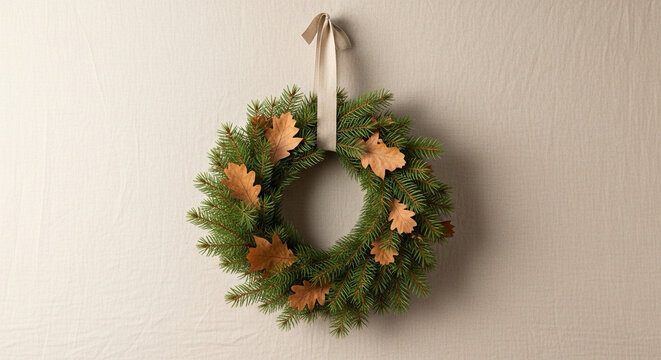 A simple Christmas wreath made of evergreen branches and dried oak leaves hangs against a neutral beige background. - Powered by Adobe
