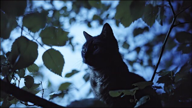 Black cat sits in tree branches in twilight with alert eyes.