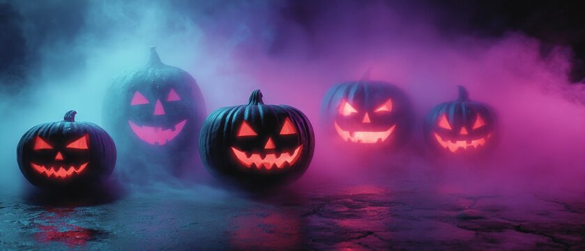 Mystical glow transforms halloween jack-o'-lanterns amidst fog. Clean layout. Glowing pumpkins and lanterns cast an eerie neon light for halloween. Creative poster. Visual balance.