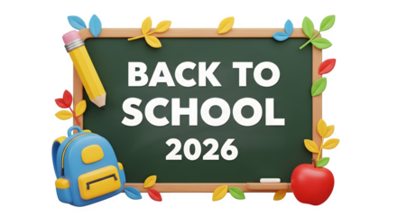 Back to school 2026 sign with chalkboard, apple and school items