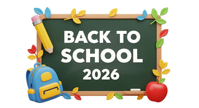 Back to school 2026 sign with chalkboard, apple and school items