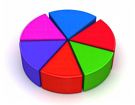 Colorful, 3D pie chart with six unequal segments
