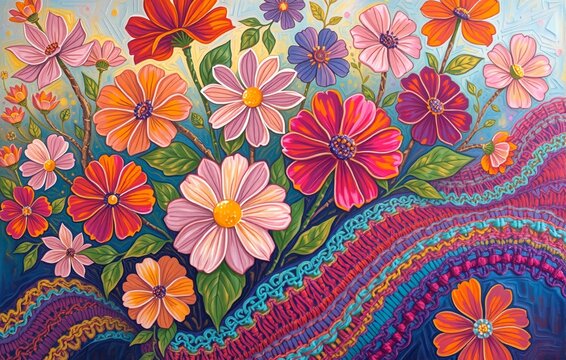 Vibrant, colorful floral bouquet with psychedelic swirls and textured patterns against a dreamy blue background. A joyful explosion of pink, orange, purple, 