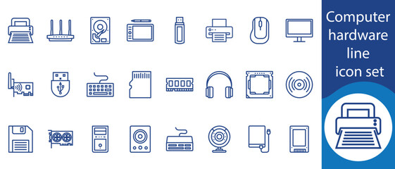 Computer hardware line icon set, computer, laptop, monitor, CPU, GPU, motherboard, RAM, SSD, HDD, power supply, cooling fan, heat sink, mouse, touchpad, printer and more