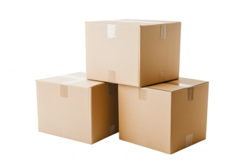 A stack of three brown cardboard boxes neatly arranged on a white surface. symbolizing shipping and storage solutions. with a clean background suggesting organization and efficiency