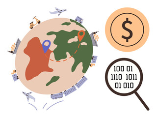 Shipping, planes, and vehicles encircle Earth with a route marked by location pins. Coin represents digital finance. Magnifying glass with binary code highlights data analysis. Ideal for global