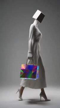Headless model walking with shiny holo bag