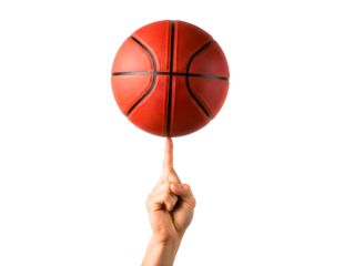 A hand balancing a basketball on a finger isolated on transparent background