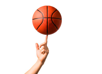 Hand balancing a basketball on a finger isolated on transparent background