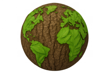 Earth globe made of green leaves forming continents on a textured soil surface, symbolizing global ecology and climate change