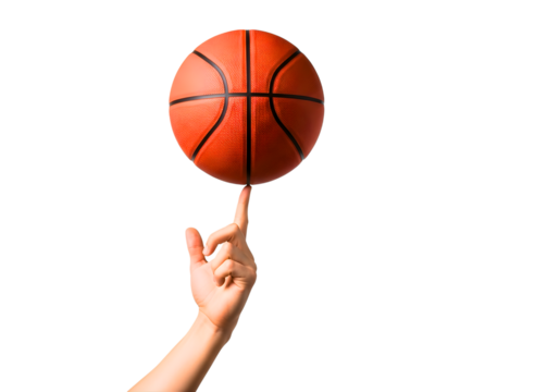 Hand balancing a basketball on a finger isolated on transparent background