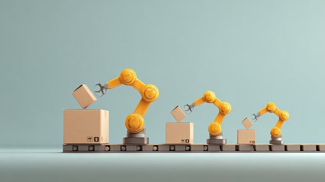 Automated robotic arms on a conveyor belt system assembling cardboard boxes in a manufacturing line