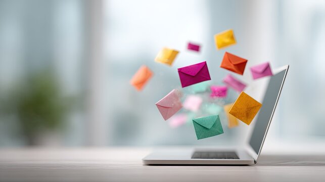 Colorful envelopes floating out of an open laptop on a desk mail email