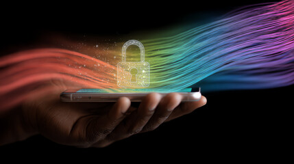 A hand holding a smartphone with colorful data streams and a transparent padlock symbolizing digital security.