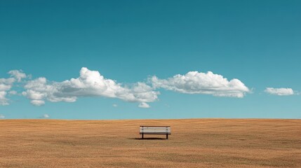 Obraz premium Solitary Bench Under Azure Sky and Fluffy Clouds, Minimalist Landscape.