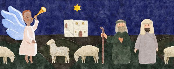 Fototapeta premium Nativity shepherds, angels, Bethlehem house and sheep. Hand-painted watercolor seamless border on dark background. Perfect for Christmas cards, Sunday school, banners, textile and Christian decor