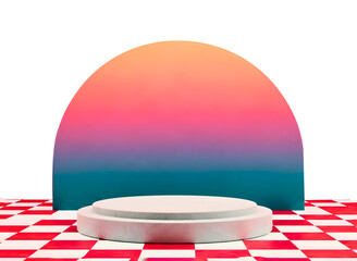 Modern podium with colorful gradient backdrop and checkered floor isolated on transparent background