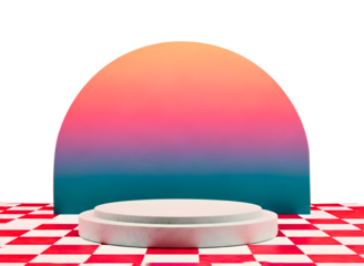 Modern podium with colorful gradient backdrop and checkered floor isolated on transparent background