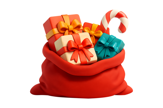Red santa sack overflowing with colorful christmas presents and candy cane