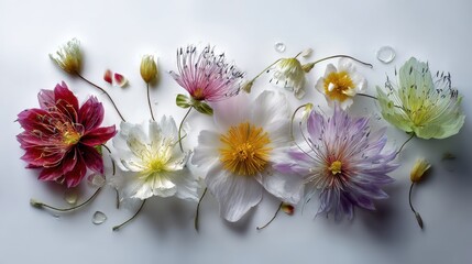 Ethereal Tapestry of Delicate, Translucent Wildflowers and Buds on a White Canvas.