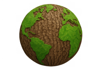 Planet earth showing landmasses as green leaves and oceans as tree bark, symbolizing environmental protection and sustainability. Transparent background