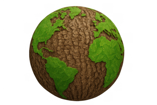 Planet earth showing landmasses as green leaves and oceans as tree bark, symbolizing environmental protection and sustainability. Transparent background