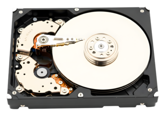 Internal hard disk drive components isolated on transparent background