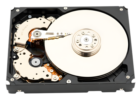Internal hard disk drive components isolated on transparent background