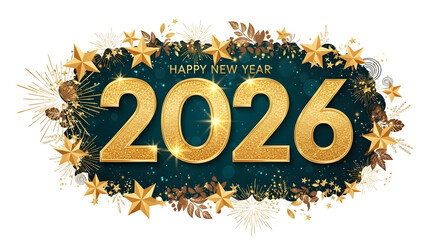 Happy new year 2026 golden glitter stars and fireworks design