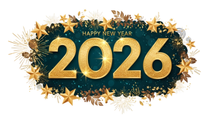 Happy new year 2026 golden glitter stars and fireworks design