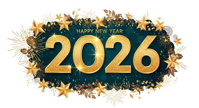 Happy new year 2026 golden glitter stars and fireworks design