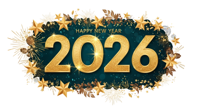 Happy new year 2026 golden glitter stars and fireworks design