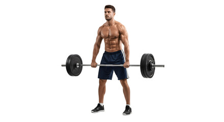 Muscular man performing a deadlift exercise with a barbell.