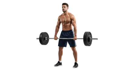 Muscular man performing a deadlift exercise with a barbell.