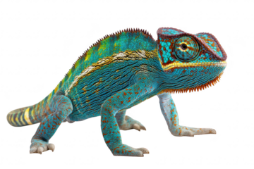 A vibrant. multicolored chameleon poised on a white background. its unique texture and patterns. ideal for educational materials or nature-themed projects