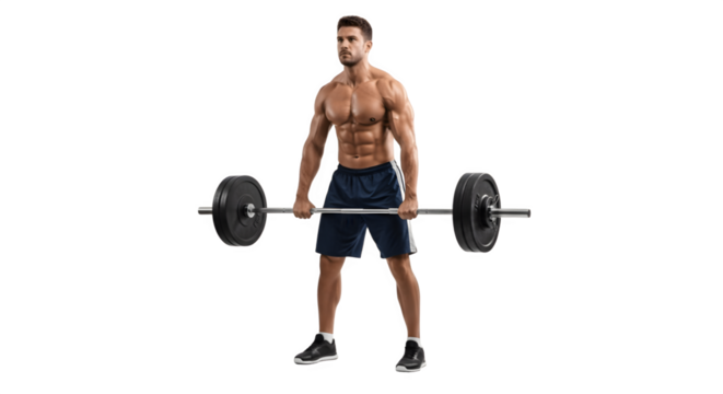 Muscular man performing a deadlift exercise with a barbell.