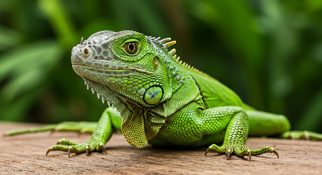 A green iguana rests on a wooden surface, its eye visible, against a blurred leafy green background.