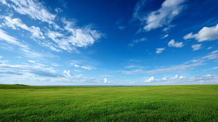 Obraz premium A serene wide-open field under a bright blue sky and scattered clouds, perfect for nature lovers and outdoor enthusiasts.