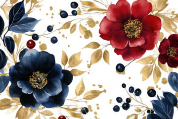 A floral arrangement featuring deep red and navy blue flowers intertwined with golden leaves and berries. creating an elegant backdrop suitable for invitations or decorative designs