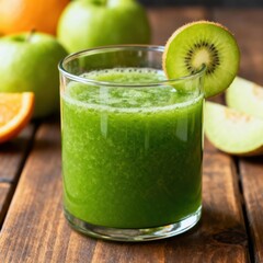 Vibrant green fruit beverage rests on a rustic wooden surface surrounded by fresh produce.