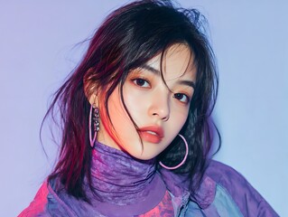 女性, モデル, ファッション, 美しい, ポートレート, 紫, ピンク, trendy, modern, stylish, earrings, makeup, cool, glow, beauty