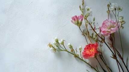 Delicate Pink and Orange Flowers on Pale Gray Background, Minimalist Composition.