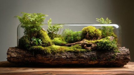 Lush Miniature Moss Terrarium - Vibrant Green Ecosystem in Glass on Rustic Wood Log.