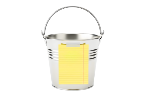 A metal bucket with a yellow sticky note attached, isolated on transparent background - Powered by Adobe