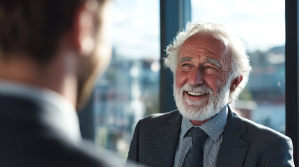 A smiling senior businessman interacts positively with a colleague in a modern office setting.