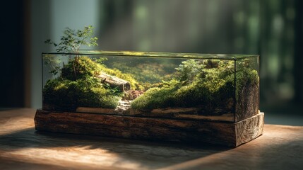 Miniature Lush Forest Ecosystem Contained Within a Rectangular Glass Terrarium, Bathed in Soft Natural Light.