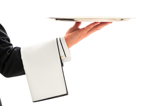 Waiter holding a silver tray isolated on transparent background - Powered by Adobe