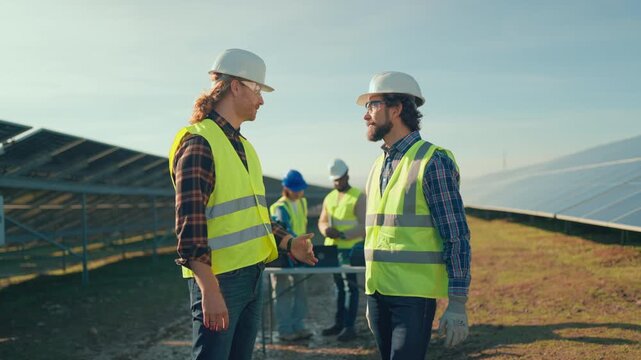 Workers discuss solar panel installation at an energy project site in sunny weather