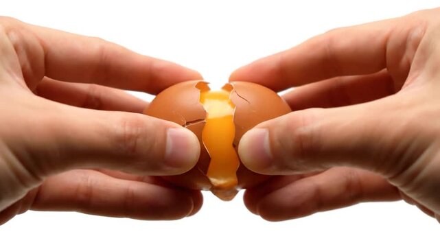 Close-up of hands holding a brown egg with cracked shell against a bright white background