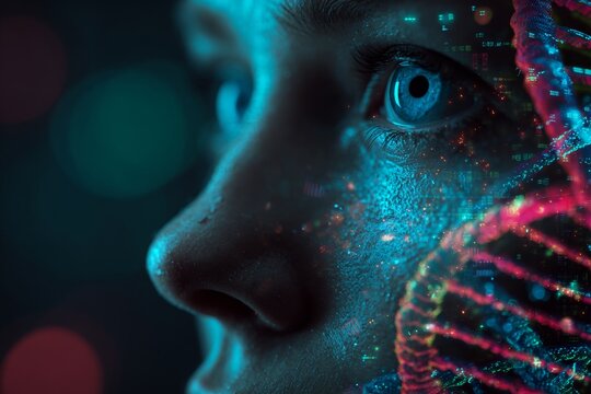 Innovative genetic research at the cutting-edge laboratory. Big data. A kaleidoscope of dna displays in a futuristic lab setting for genetic research. Kpi tracking. Risk assessment.